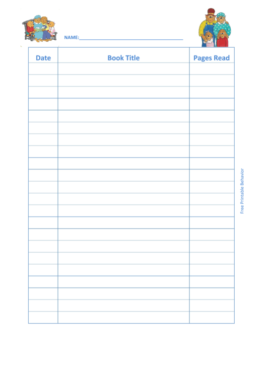 Reading Log (Berenstein Bears) Template Printable pdf