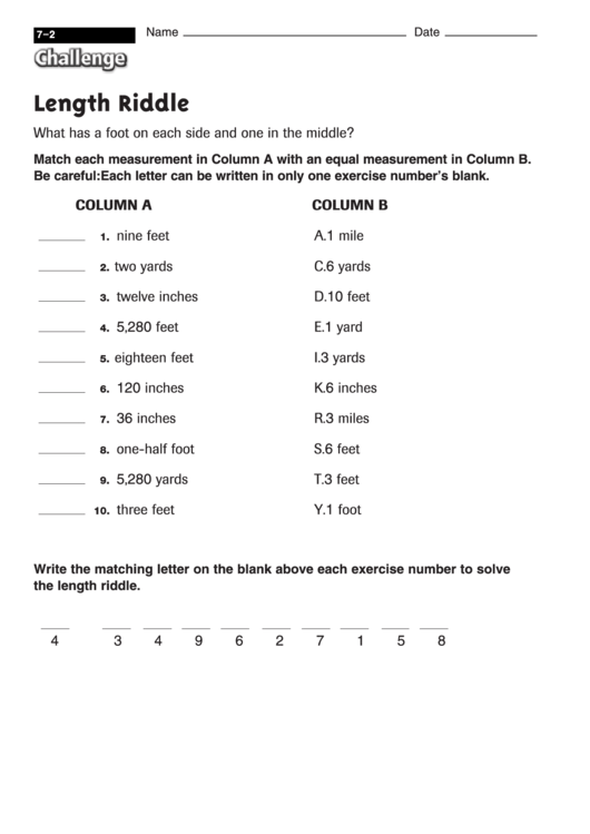 Length Riddle - Math Worksheet (With Answers) Printable pdf