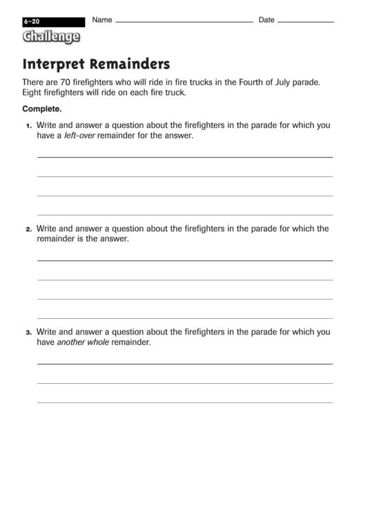 Interpret Remainders - Math Worksheet With Answers Printable pdf