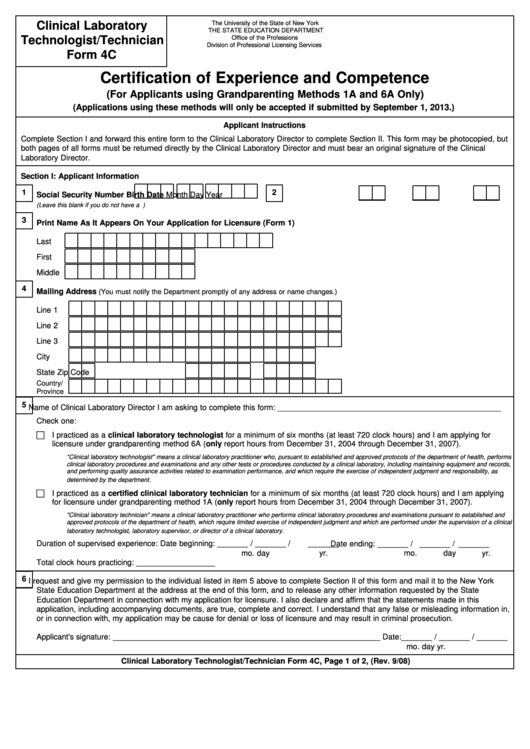 Clinical Laboratory Technologist/technician Form 4c - Certification Of Expierence And Competence Printable pdf