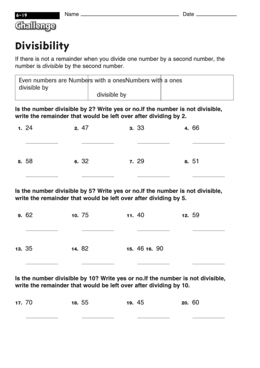 Divisibility Worksheet (With Answers) Printable Pdf Download