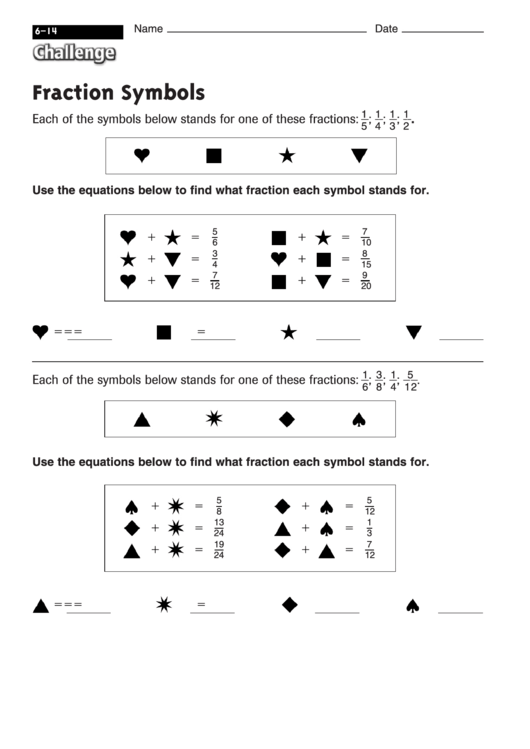Fraction Symbols - Worksheet With Answers Printable pdf