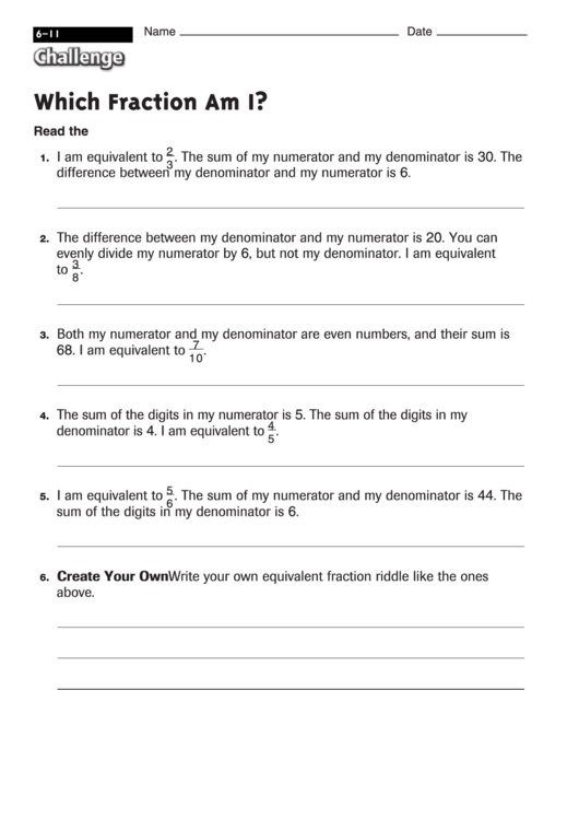 Which Fraction Am I - Math Worksheet With Answers Printable pdf