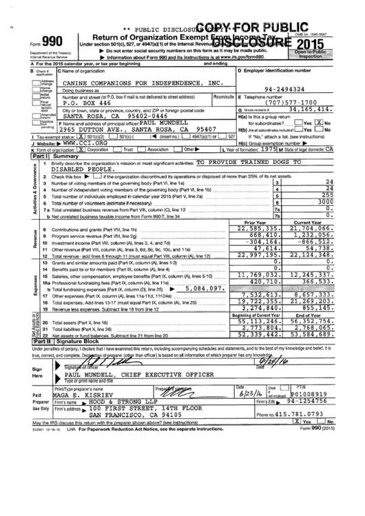 Form 990 - Return Of Organization Exempt From Income Tax - Sample - 2015 Printable pdf