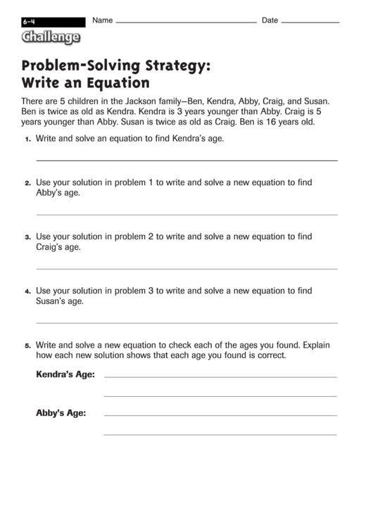 Problem-Solving Strategy: Write An Equation - Worksheet With Answers Printable pdf