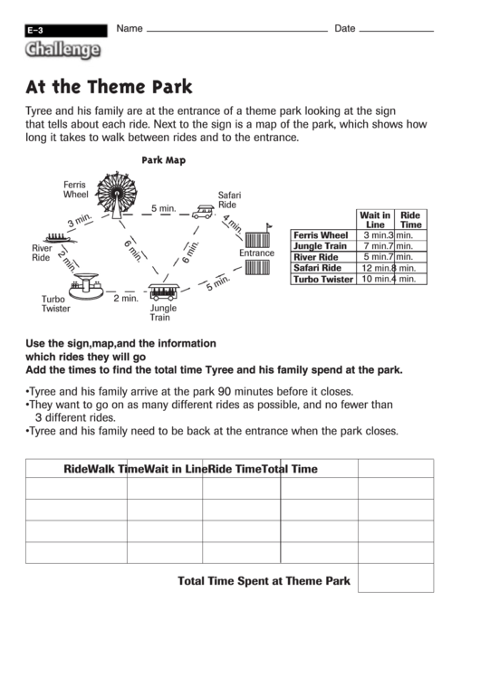 At The Theme Park - Math Worksheet With Answers Printable pdf