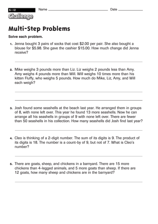 Multi-Step Problems Worksheet With Answers Printable pdf