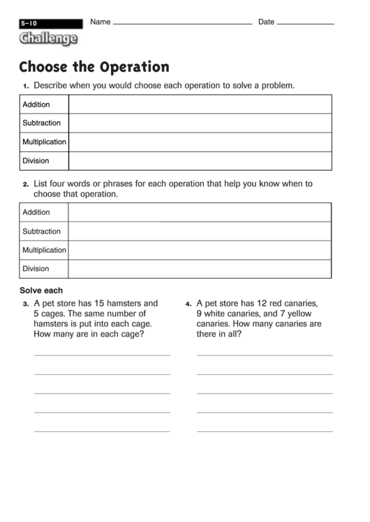 Choose The Operation - Math Worksheet With Answers Printable pdf