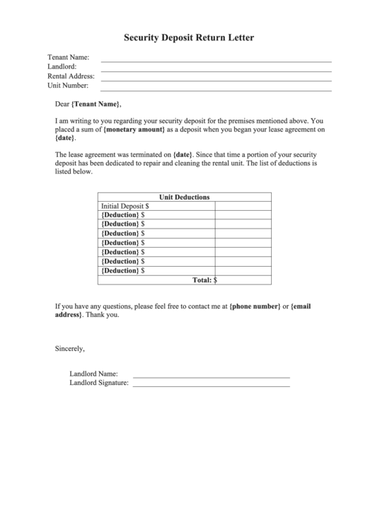 Security Deposit Return Printable pdf
