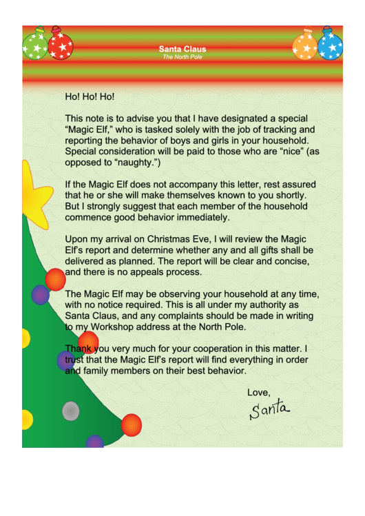 Magic Elf Santa Letter Template Printable pdf