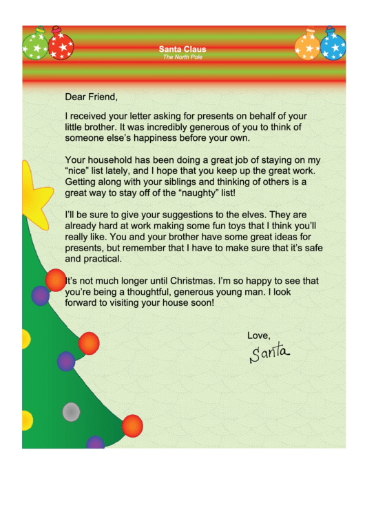 Thanking For Generosity Santa Letter Template Printable pdf