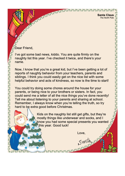 Naughty List Santa Letter Template Printable pdf