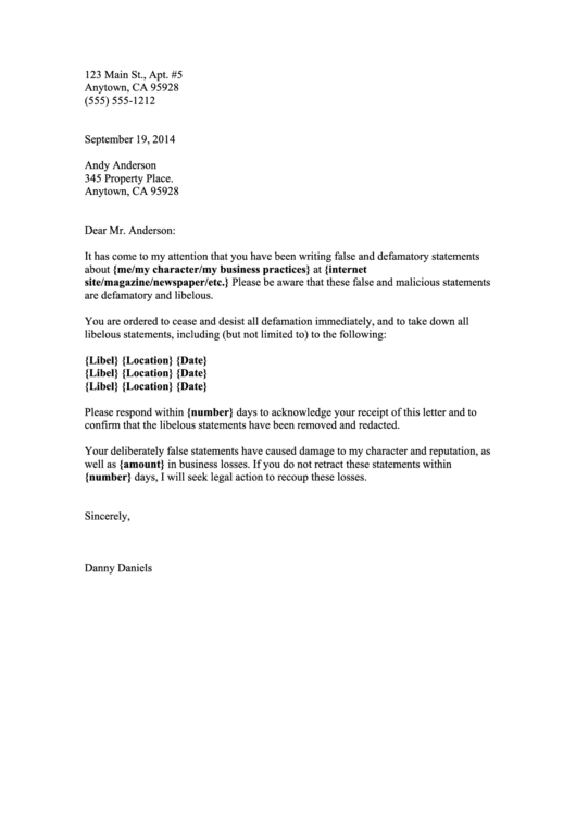 Defamation Letter Printable pdf
