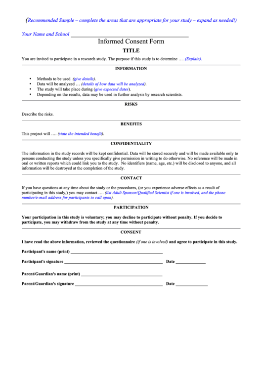 Study Participation Informed Consent Form Printable pdf