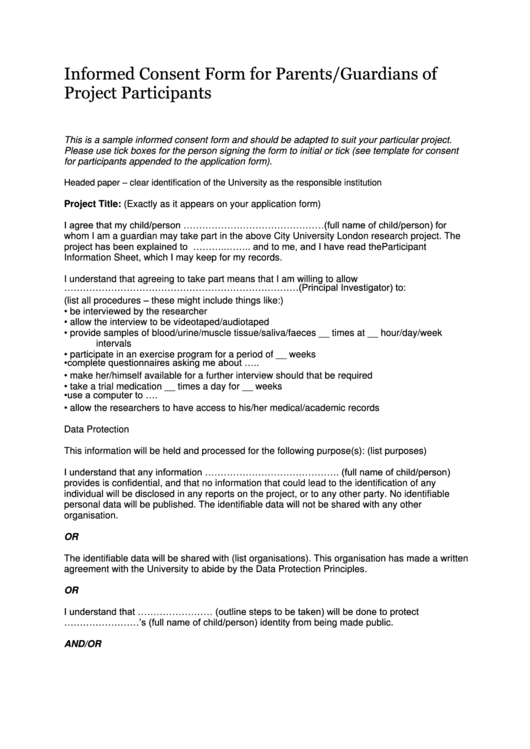 Informed Consent Form For Parents/guardians Of Project Participants Printable pdf