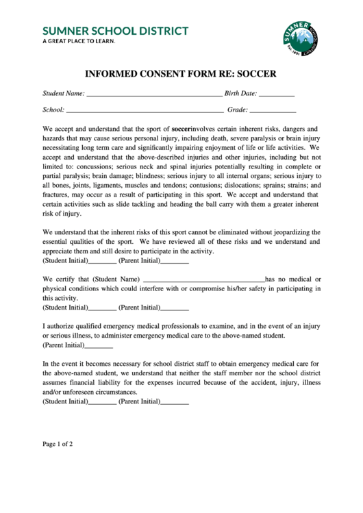 Soccer Informed Consent Form Printable pdf
