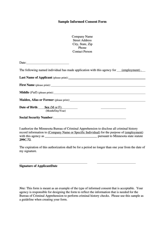 Sample Criminal Background Disclosure Informed Consent Form Printable pdf