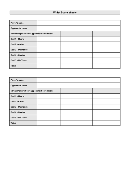 Whist Score Sheets printable pdf download