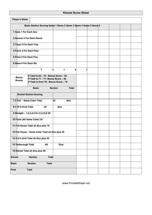 Kismet Score Sheet Printable Pdf Download