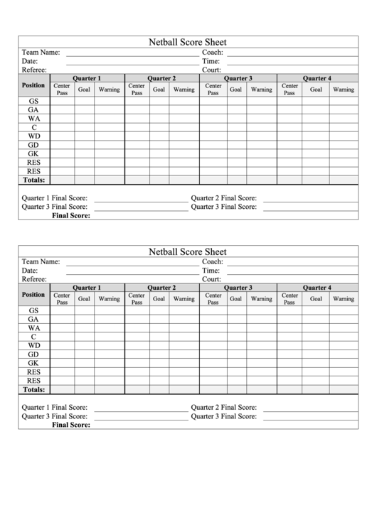Netball Score Sheet Printable pdf
