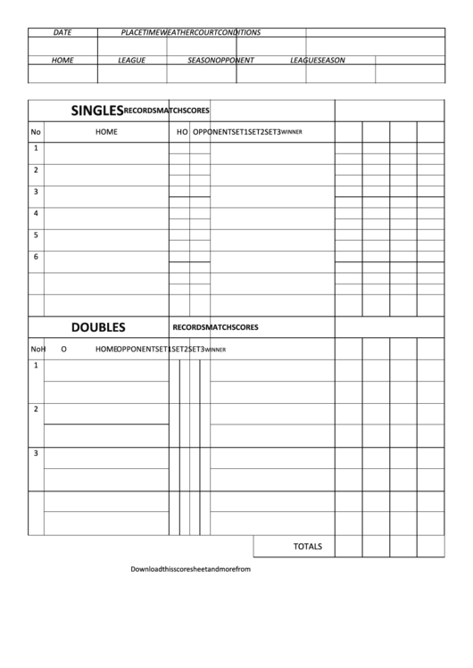 Tennis Score Sheet Printable pdf