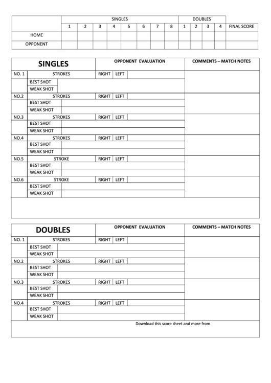 Tennis Scoring Sheet Template Printable pdf