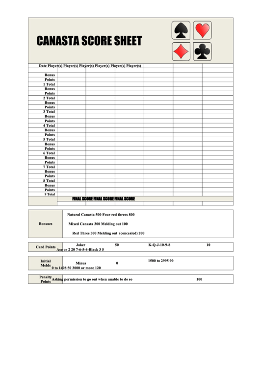 Canasta Score Sheet Printable pdf