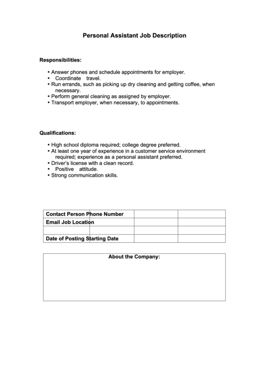 Personal Assistant Job Description Printable pdf