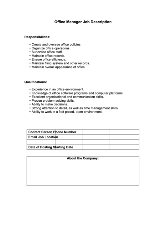 Office Manager Job Description Printable pdf