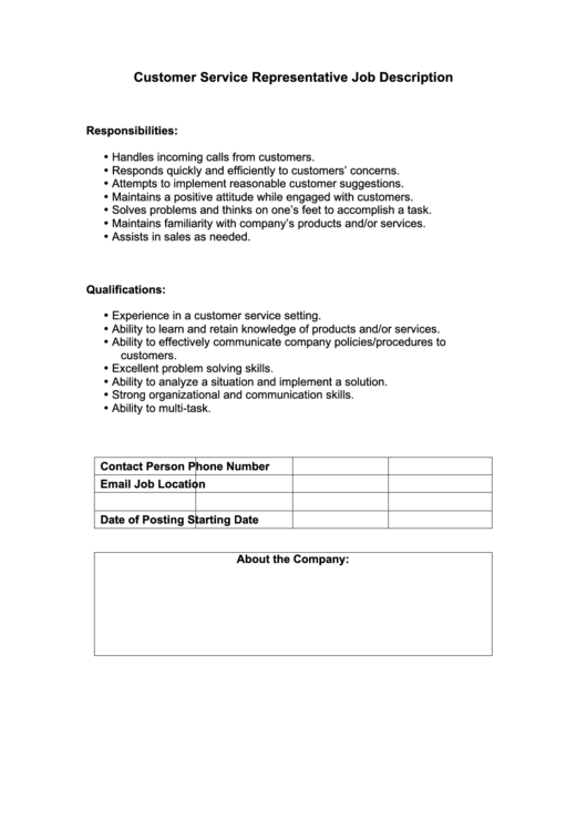 Customer Service Representative Job Description Printable pdf