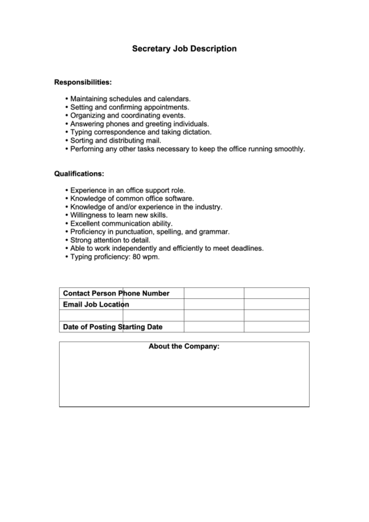 Secretary Job Description Printable pdf
