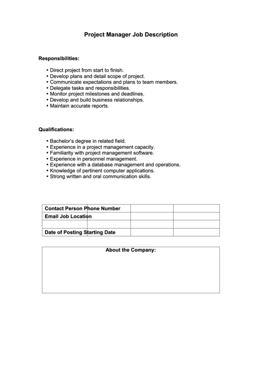 Project Manager Job Description Printable pdf
