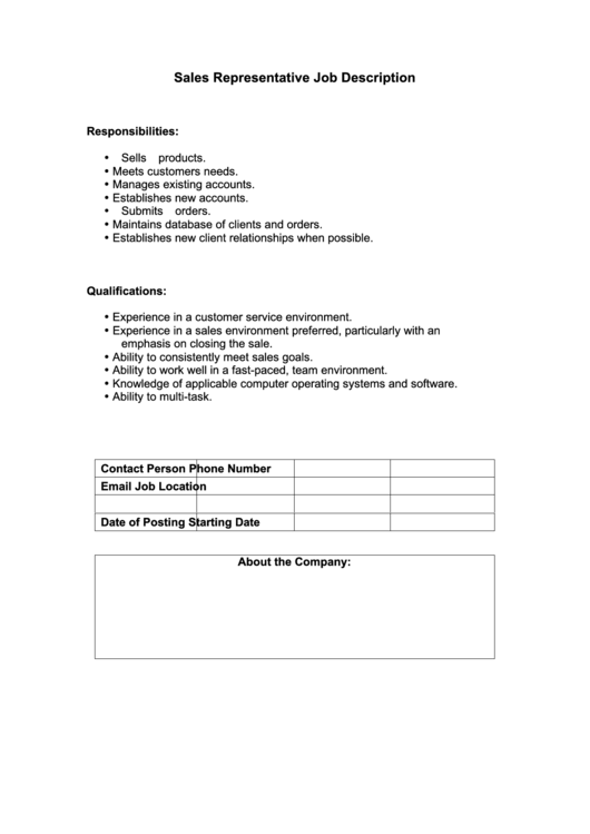 Sales Representative Job Description Printable pdf