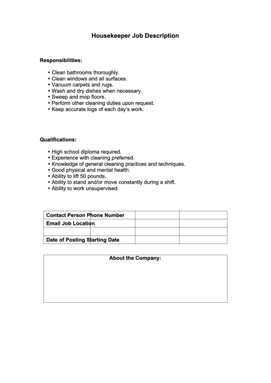 Housekeeper Job Description Printable pdf