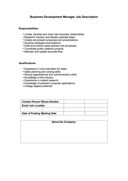 Business Development Manager Job Description Printable pdf
