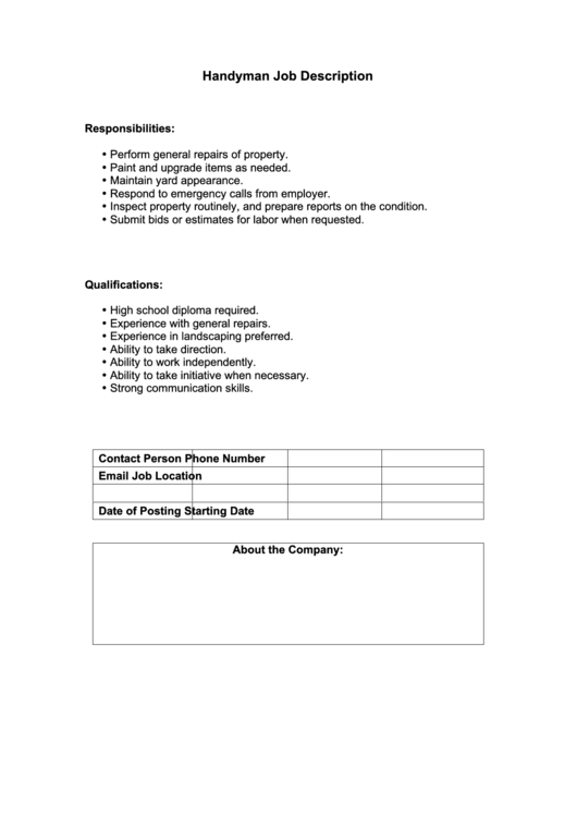Handyman Job Description Printable pdf