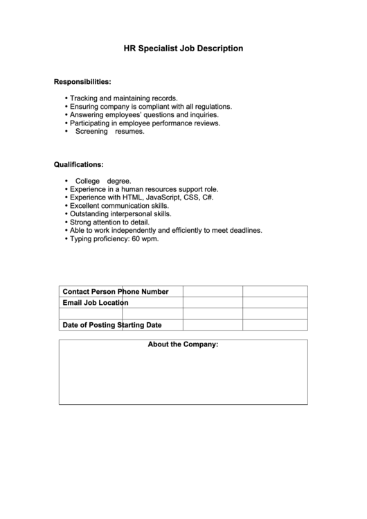 Hr Specialist Job Description Printable pdf