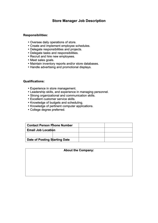 Store Manager Job Description Printable pdf