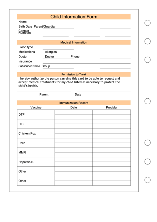 Child Information Form - Punched On Right Printable pdf