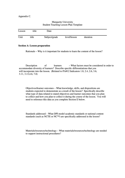 Student Teaching Lesson Plan Template Printable pdf