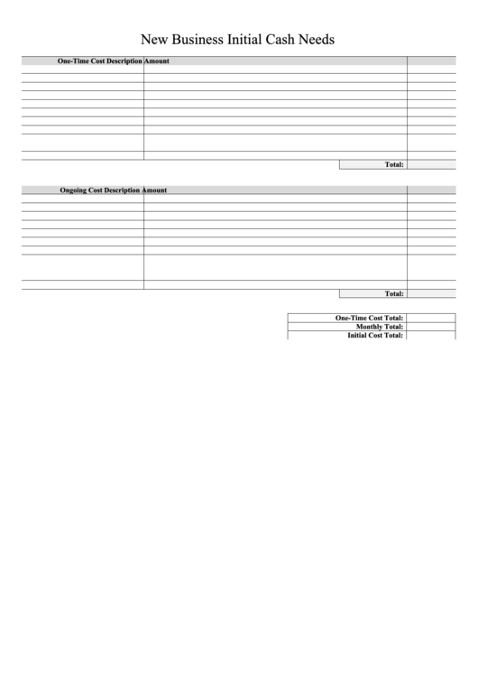 New Business Initial Cash Needs Printable pdf