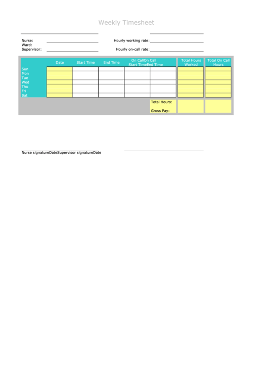 Nurse Timesheet (No Breaks) Weekly Horizontal printable pdf download