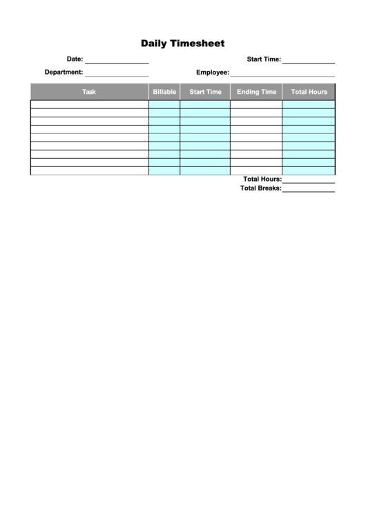 Daily Time Sheet With Breaks Printable pdf