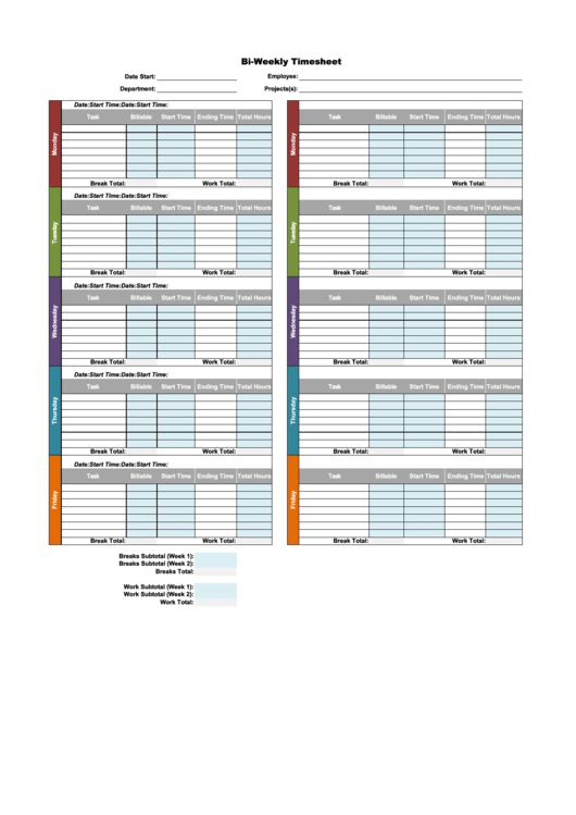 Bi-Weekly Time Sheet - Tasks With Breaks Printable pdf