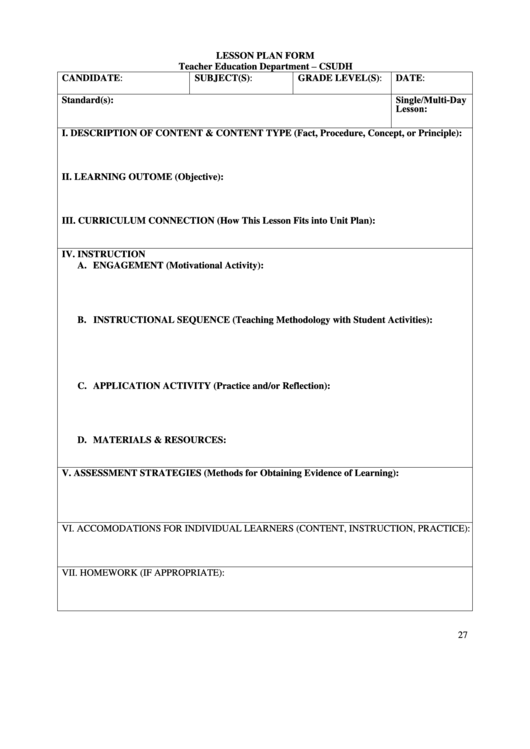 Lesson Plan Form Printable pdf