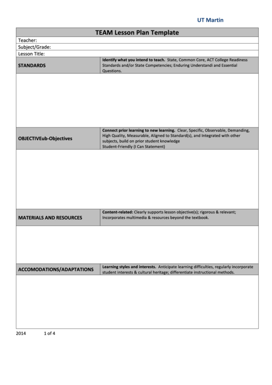Team Lesson Plan Template Printable pdf