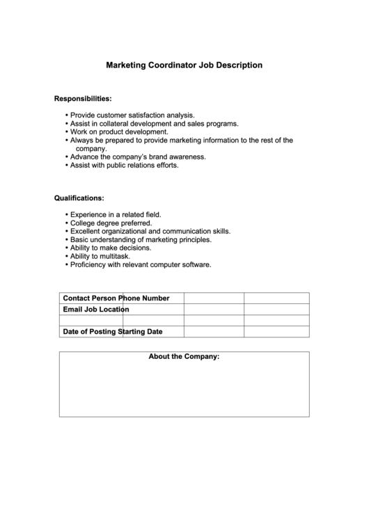 Marketing Coordinator Job Description Printable pdf