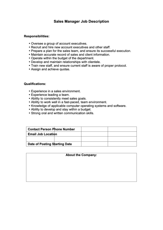 Sales Manager Job Description Printable pdf