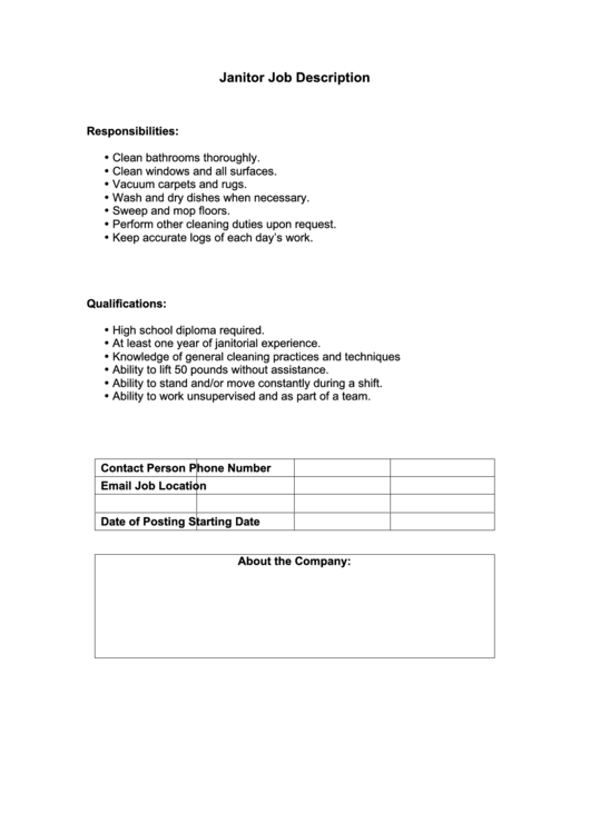 Janitor Job Description Printable pdf