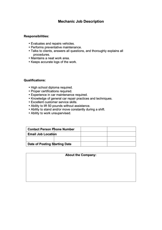 Mechanic Job Description Printable pdf